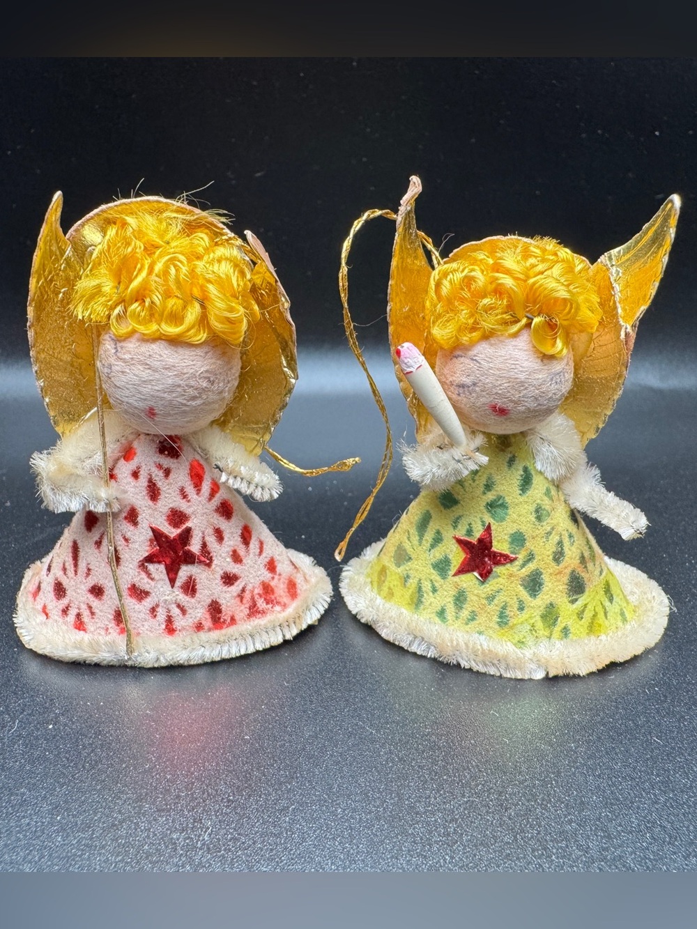 Vintage 1950s Japan Angel Ornaments Spun Cotton Chenille Foil Wings Pair